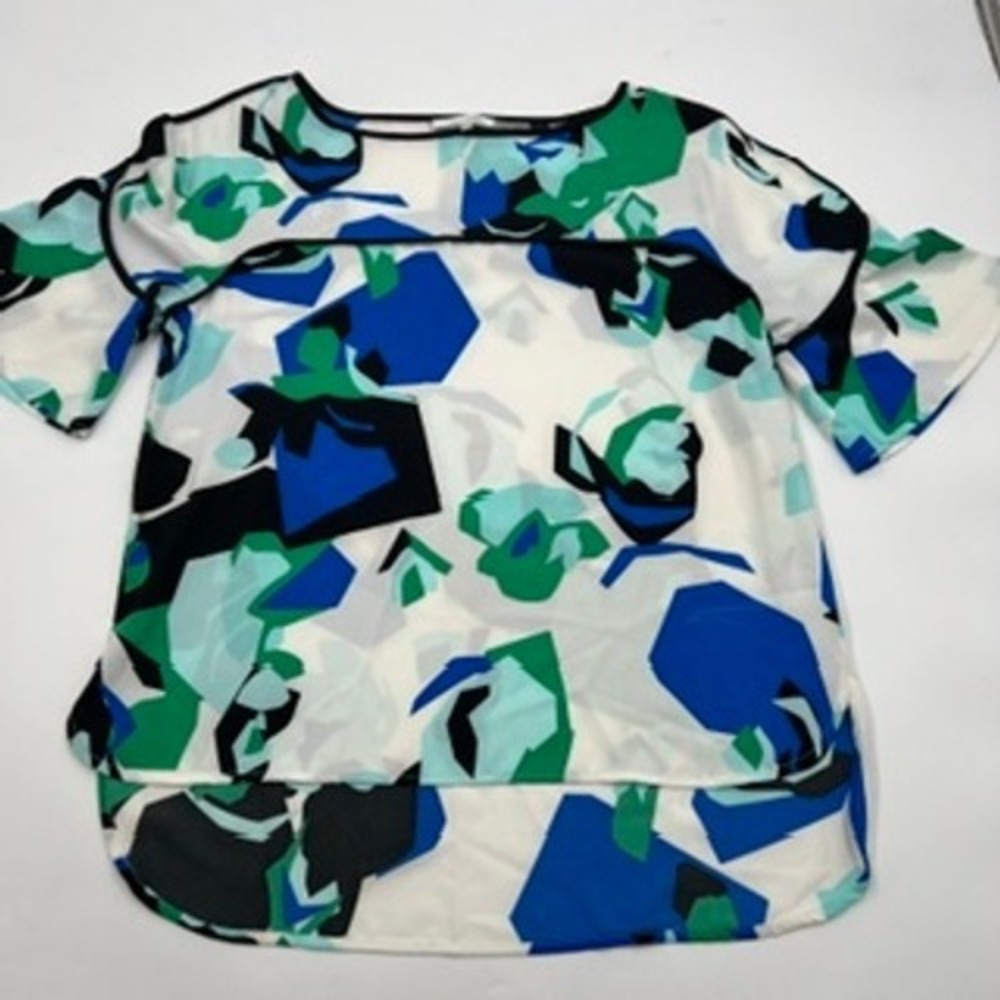 Calvin Klein Womens Blue Green Abstract Geometric Cold Shoulder Blouse Small - Picture 6 of 9